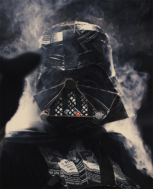 Hand crafted Lord Vader mask made from Domino's Pizza boxes.